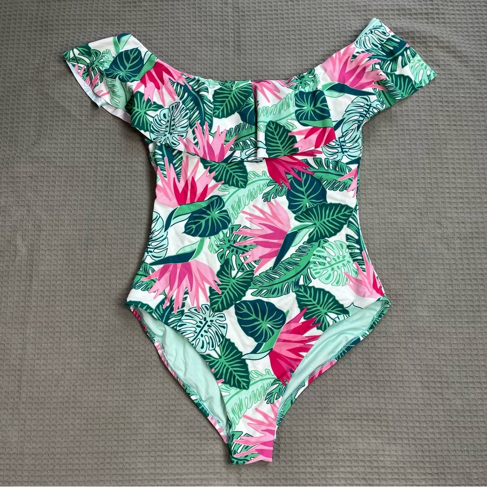 Matilda Jane One Piece Swimsuit Medium Womens Palm Tree Paradise Ruffle